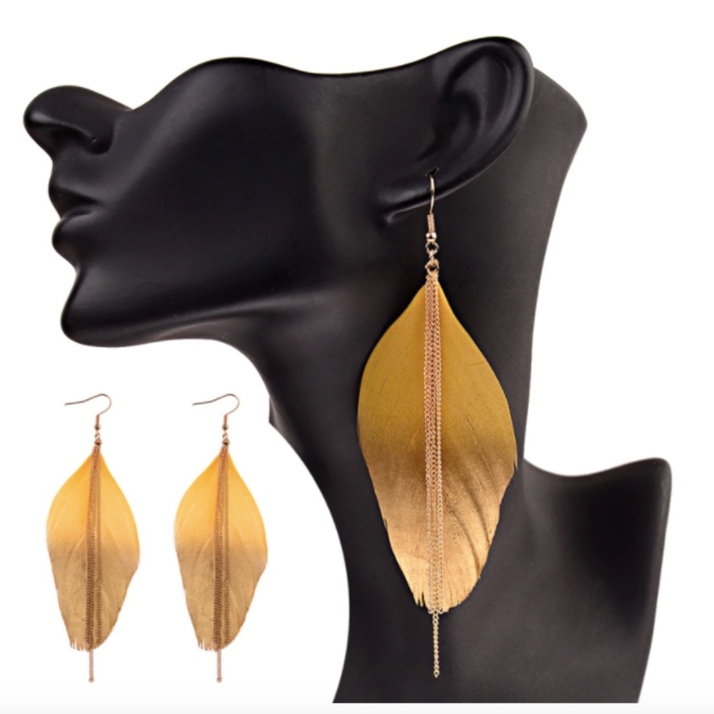 Gold-Dipped Royal Blue Chain Feather Earrings - Picture 5 of 5